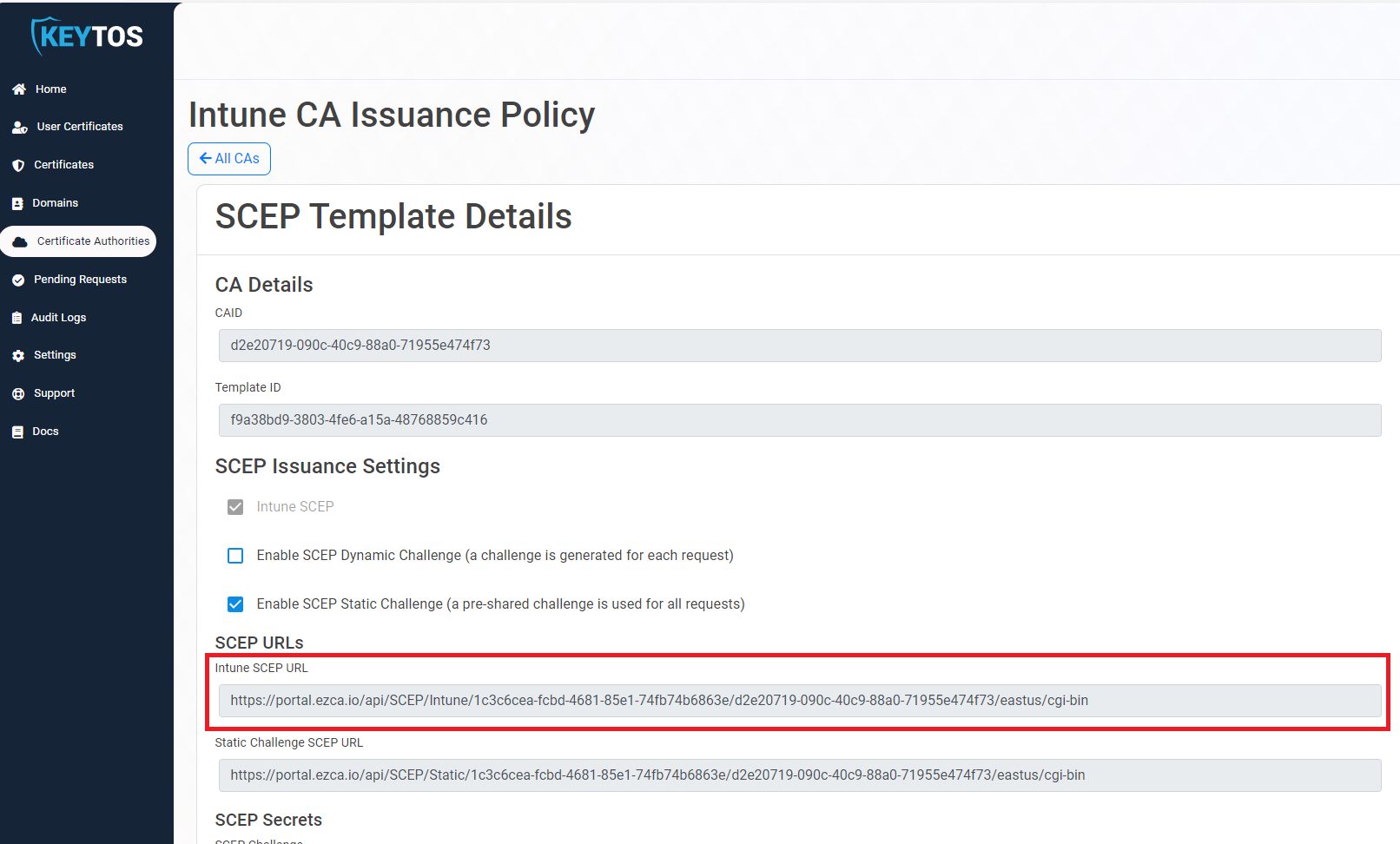 Intune SCEP Cloud PKI URL from EZCA