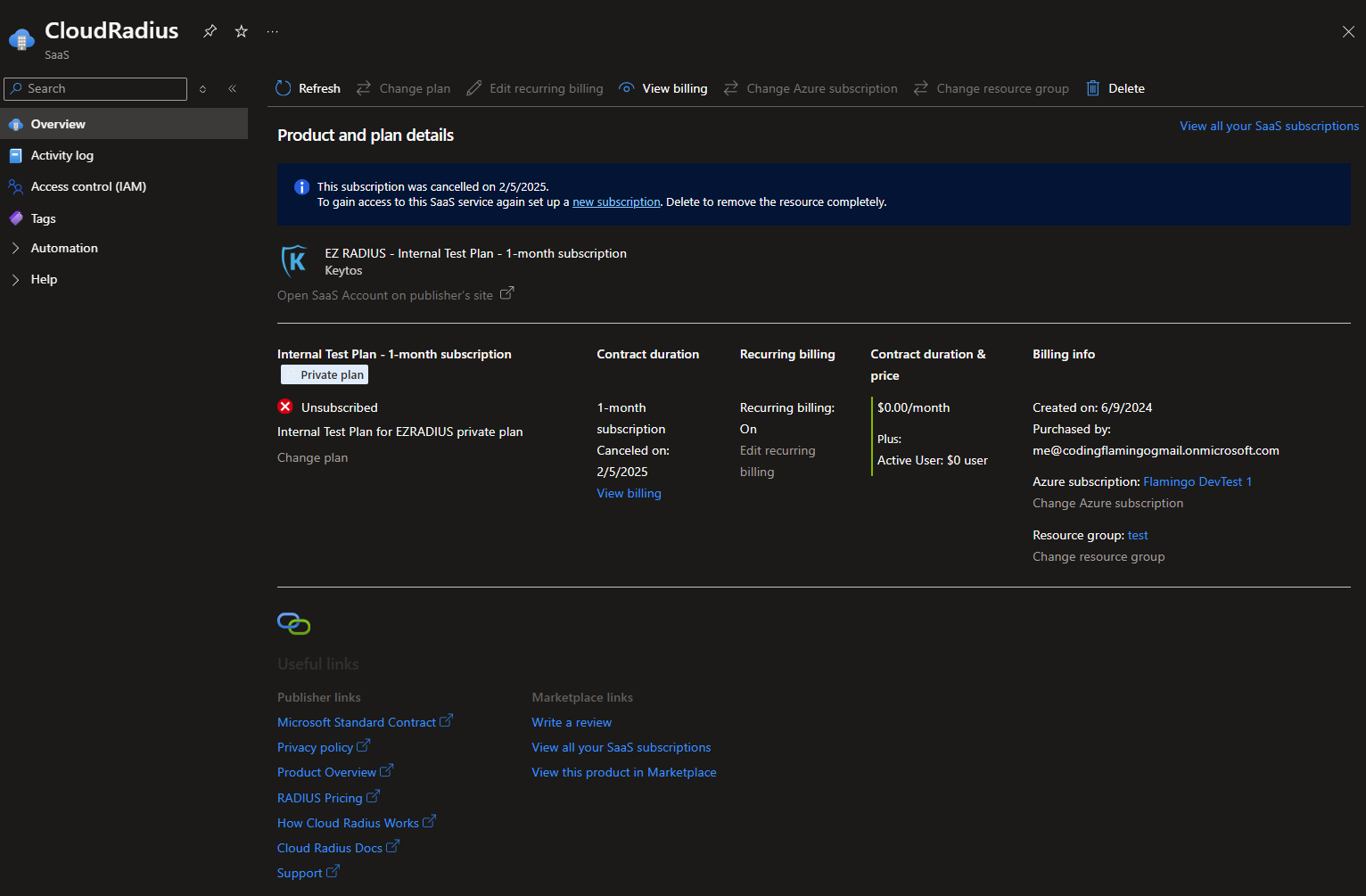Sample Azure SaaS Cloud Radius Subscription