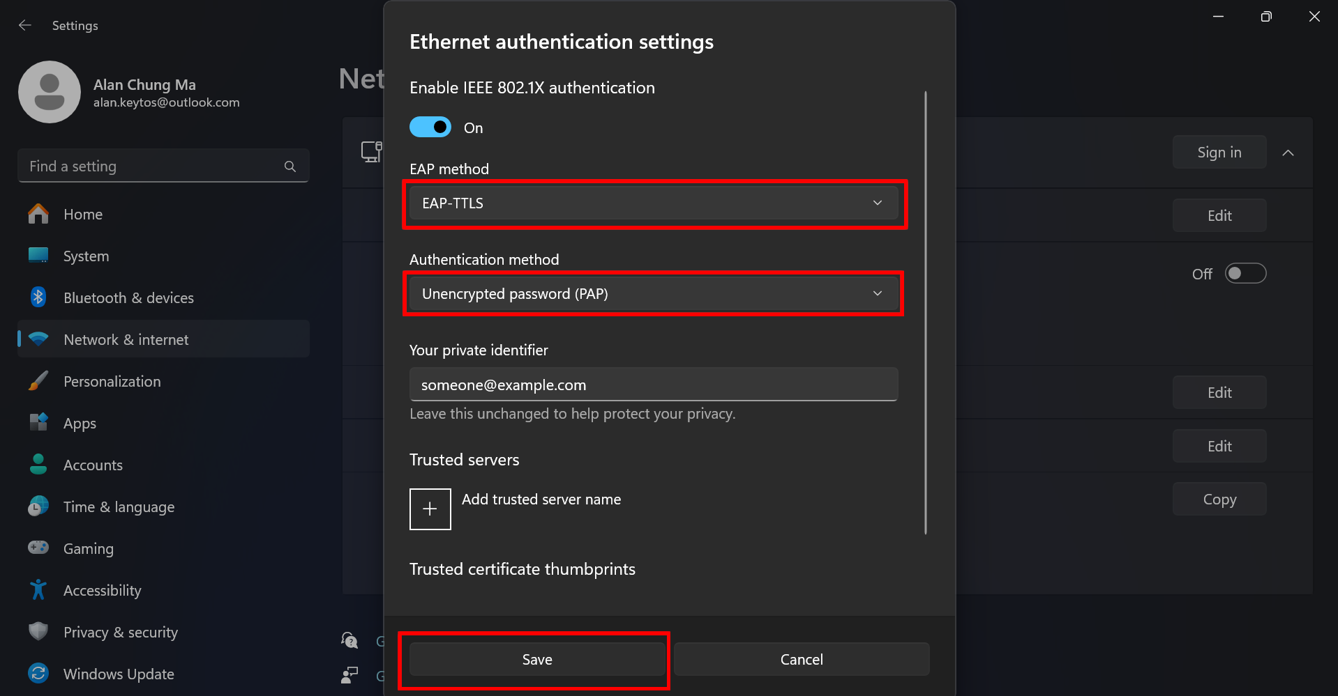 Windows 11 Ethernet settings for EAP-TTLS PAP RADIUS set EAP-TTLS