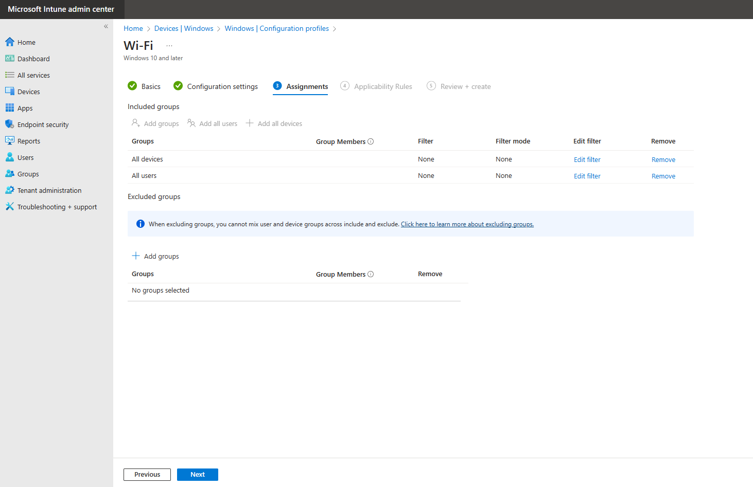 Intune Wi-Fi Profile Assignments