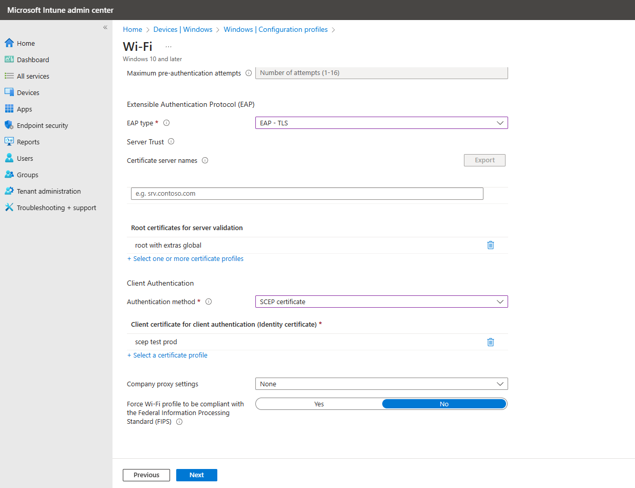 Intune Wi-Fi Profile EAP-TLS SCEP