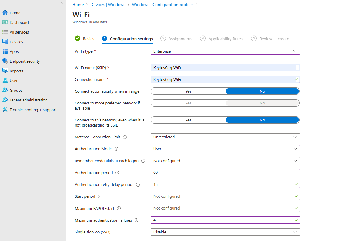 Intune Wi-Fi Profile Settings