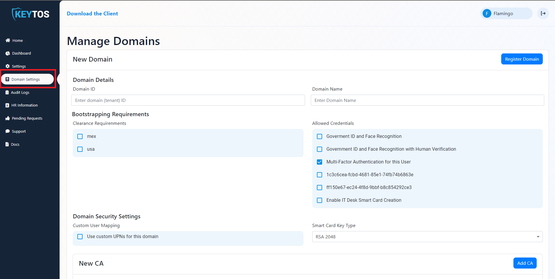Manage Passwordless Domains Menu